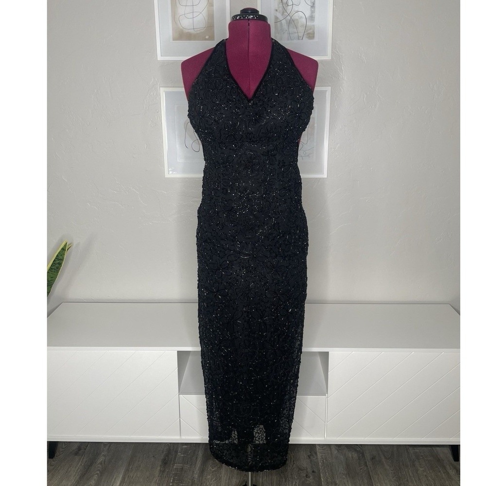 Cache Maxi Dress Womens Small Black Beaded Silk Floral Formal Evening Gown